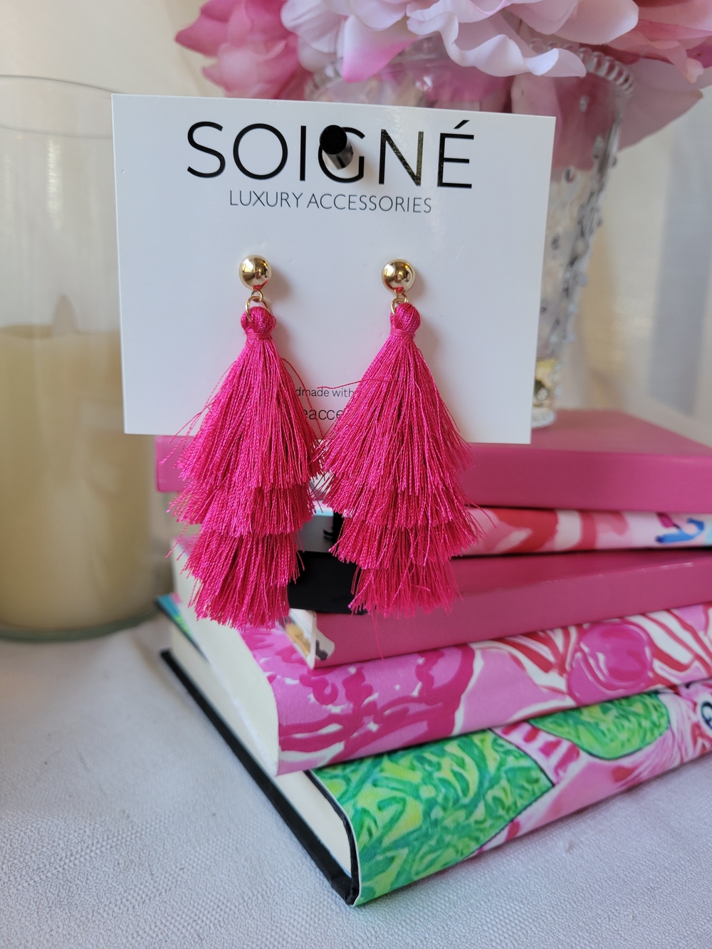 Soigne Hot Pink Tiered Tassel Earrings